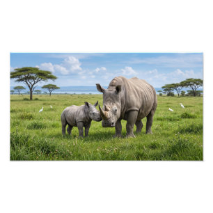 Vergroting van volwassen en baby neushoorns in gro foto afdruk