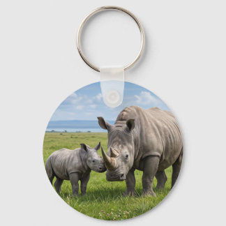 Vergroting van volwassen en baby neushoorns in gro sleutelhanger
