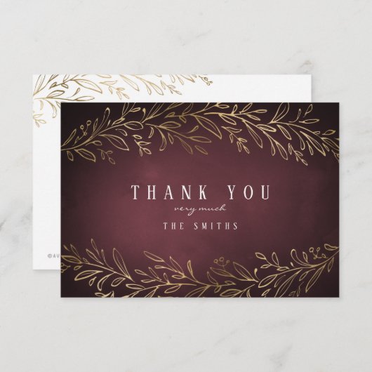Verguld goud bordeauxrood botanische dank u bedankkaart (Voorkant / Achterkant)