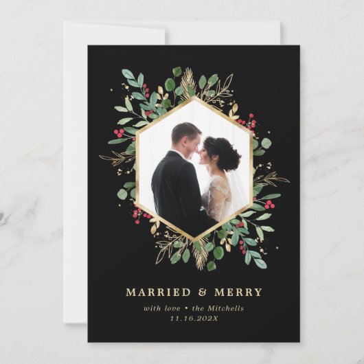 Verguld groen Geometrisch Getrouwd en Vrolijk Foto Feestdagenkaart (Voorkant)