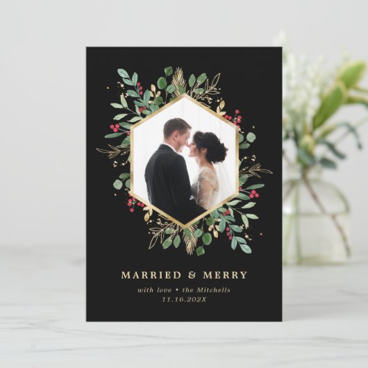 Verguld groen Geometrisch Getrouwd en Vrolijk Foto Feestdagenkaart (Staand voorkant)