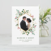 Verguld groen Geometrisch Getrouwd en Vrolijk Foto Feestdagenkaart (Staand voorkant)