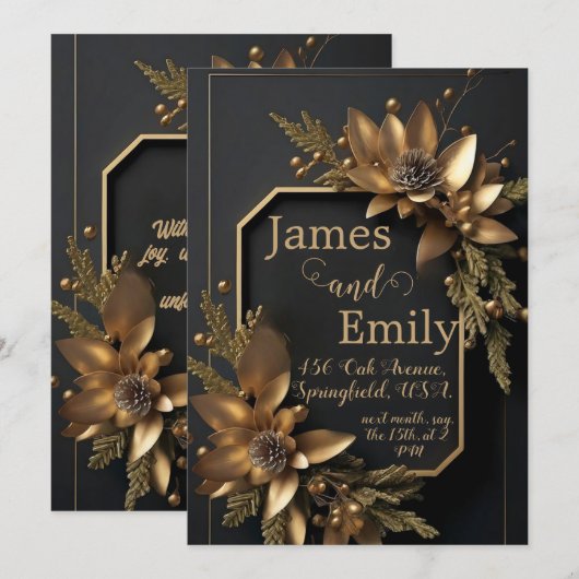 Verguld groen op zwart | Huwelijksuitnodiging Feestdagenkaart (Voorkant / Achterkant)