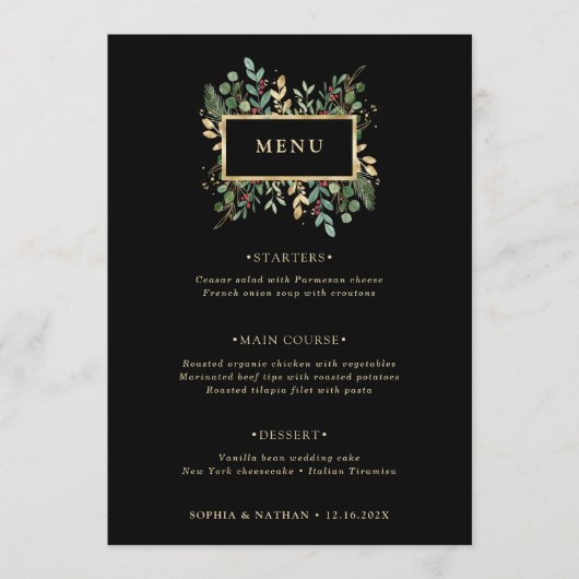 Verguld groen op zwart | Kerst bruiloft Menu (Voorkant)