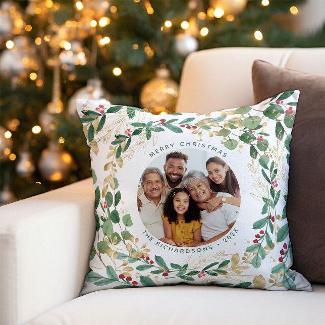 Verguld groen wit | Vrolijk kerstfeest met foto Kussen (An elegant, modern pillow for the holidays with faux gold accents and your family photo)