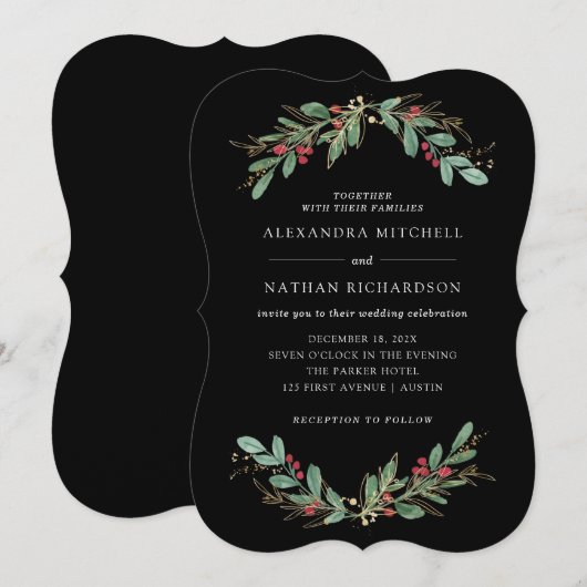 verguld groen zwart | Kerstvakantie bruiloft Kaart (Voorkant / Achterkant)