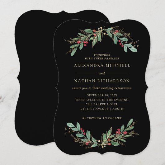 verguld groen zwart | Kerstvakantie bruiloft Kaart (Voorkant / Achterkant)