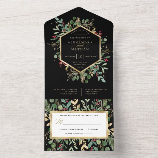 Verguld kerstgroen op zwarte bruiloft all in one uitnodiging (Binnen)