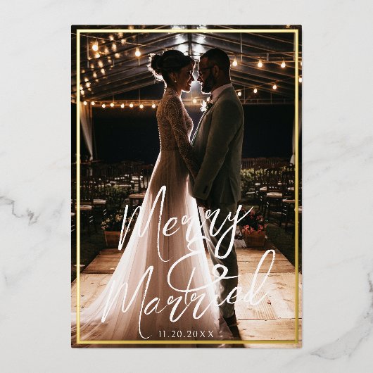 Verguld Lijst Vrolijk en getrouwd kalligrafie Foto Folie Feestdagenkaart (Voorkant)