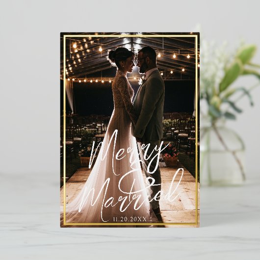 Verguld Lijst Vrolijk en getrouwd kalligrafie Foto Folie Feestdagenkaart (Staand Voorkant)