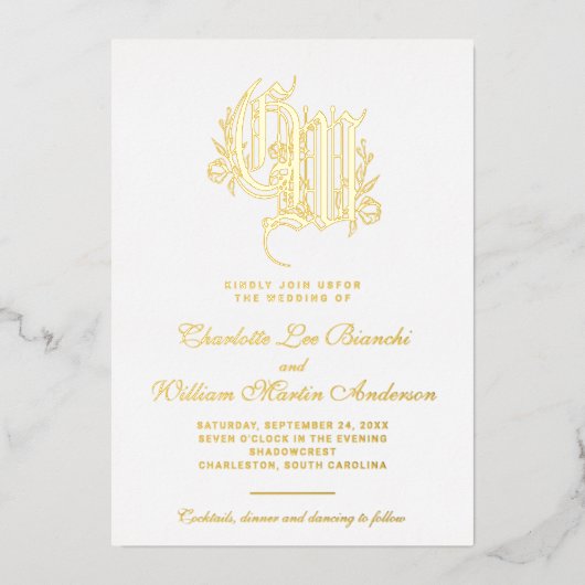 verguld monogram bruiloft folie uitnodiging (Voorkant)