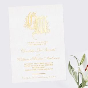  verguld monogram bruiloft folie uitnodiging