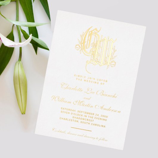 verguld monogram bruiloft folie uitnodiging