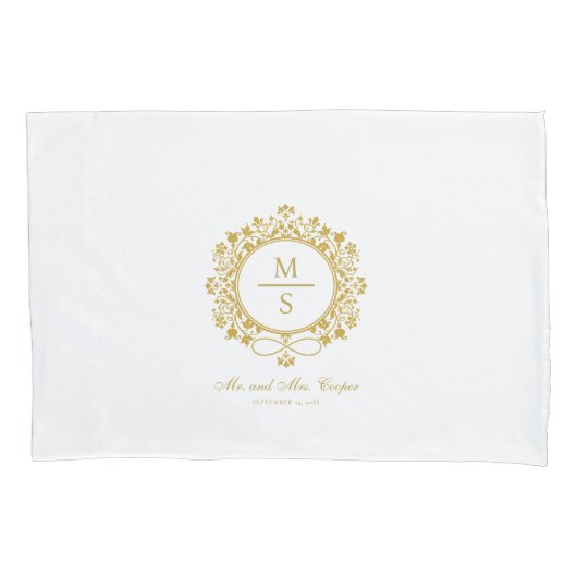 Verguld Monogram Bruiloft Wit en goud Kussensloop (Voorkant)