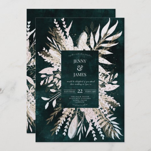 Verguld weide wow boeket, smaragdgroen feestdagenkaart (Voorkant / Achterkant)