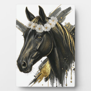 Verguld Zwart Paard met Bloemenkrans – Paardkunst  Fotoplaat