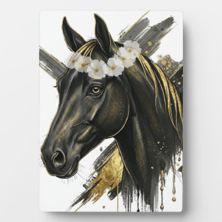 Verguld Zwart Paard met Bloemenkrans – Paardkunst  Fotoplaat
