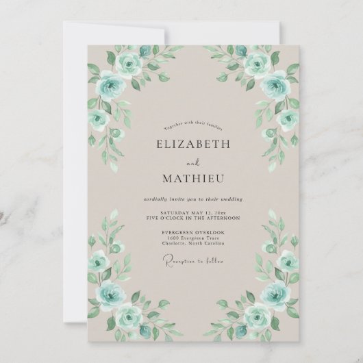 Vergulde Aqua Seafoam Blad Bruiloft Kaart (Voorkant)