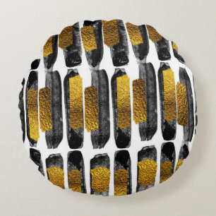 Vergulde Artistry: Zwart & Goud Abstract Rond Kussen