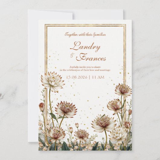 Vergulde Astrantia Botanische Crème Trouwjurk Kaart (Voorkant)