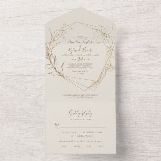Vergulde Bloem | Crème en Gouden Bruiloft All In One Uitnodiging (Binnen)