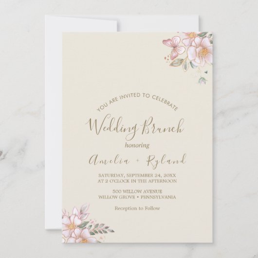 vergulde bloem | Crème & Goud Bruiloftsbrunch Kaart (Voorkant)