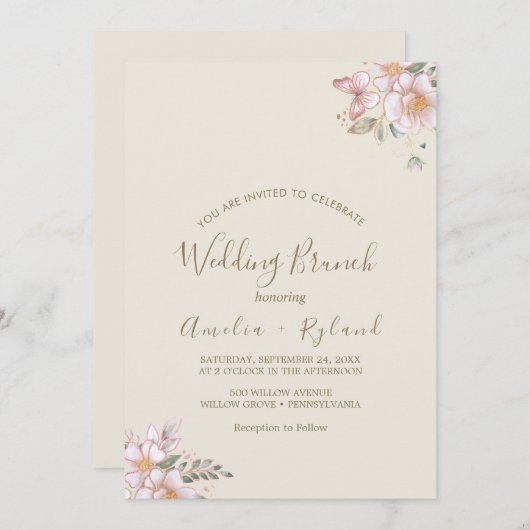 vergulde bloem | Crème & Goud Bruiloftsbrunch Kaart (Voorkant / Achterkant)