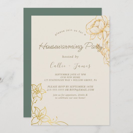 vergulde bloem | Crème & Goud Housewarming Kaart (Voorkant / Achterkant)