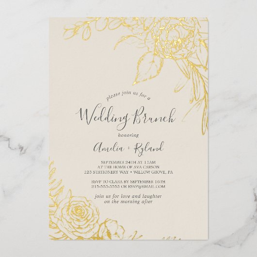 Vergulde Bloem | Goud Folie Bloemen Trouw Brunch Folie Uitnodiging (Voorkant)