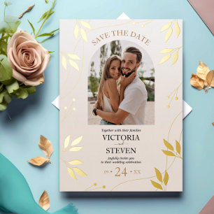 Vergulde Bloem Goud Folie Crème Casual Bruiloft Uitnodiging