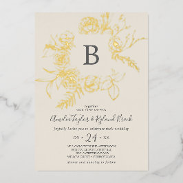 Vergulde Bloem | Goud Folie Crème Monogram Huwelij Uitnodiging