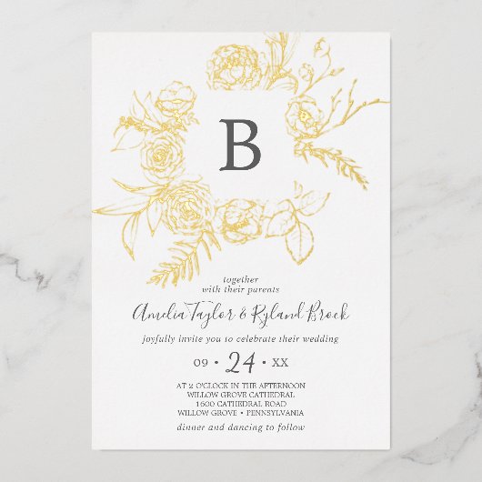 Vergulde Bloem | Goud Folie Monogram Trouw Uitnodiging (Voorkant)