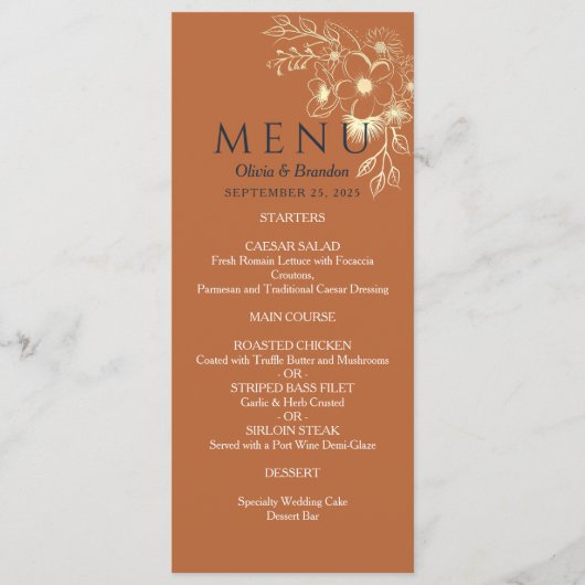 Vergulde Bloem Gouden Trouwmenu Menu (Voorkant)