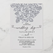 vergulde bloem | Zilverfolie Grijze Trouwdag Folie Uitnodiging (Voorkant)