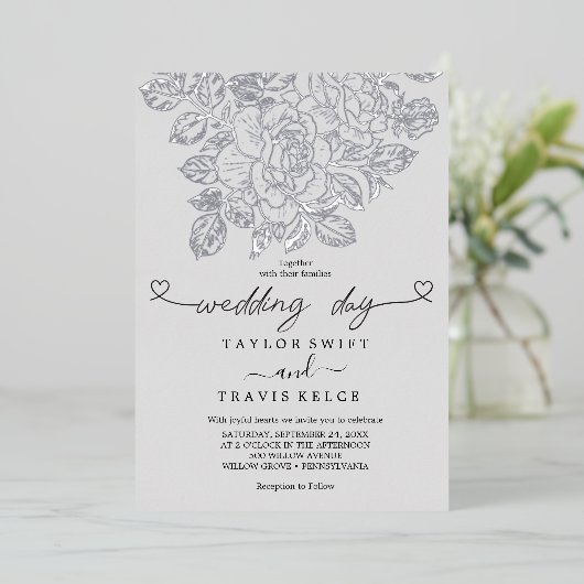 vergulde bloem | Zilverfolie Grijze Trouwdag Folie Uitnodiging (Staand Voorkant)