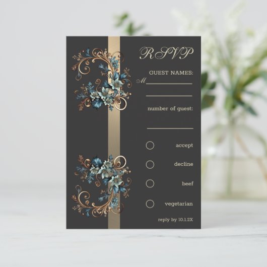 Vergulde bloemelegantie RSVP Kaart (Staand voorkant)