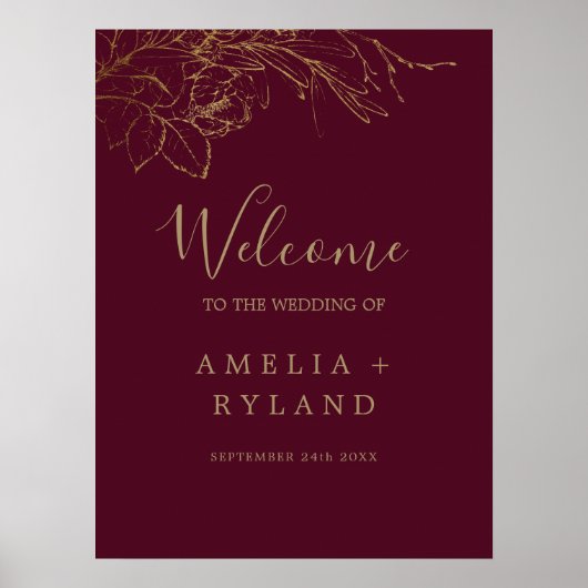 Vergulde Bloemen Bourgondië Gouden bruiloft Welkom Poster (Voorkant)
