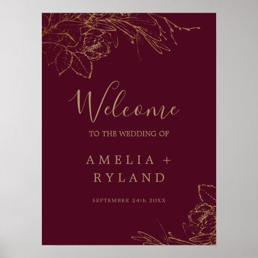 Vergulde Bloemen Bourgondië Gouden bruiloft Welkom Poster (Voorkant)