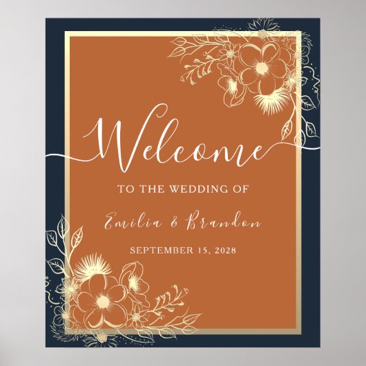 Vergulde bloemen bruiloft welkom poster (Voorkant)