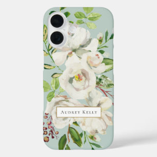 Vergulde Bloemen Custom Monogram Mint iPhone 16 Hoesje