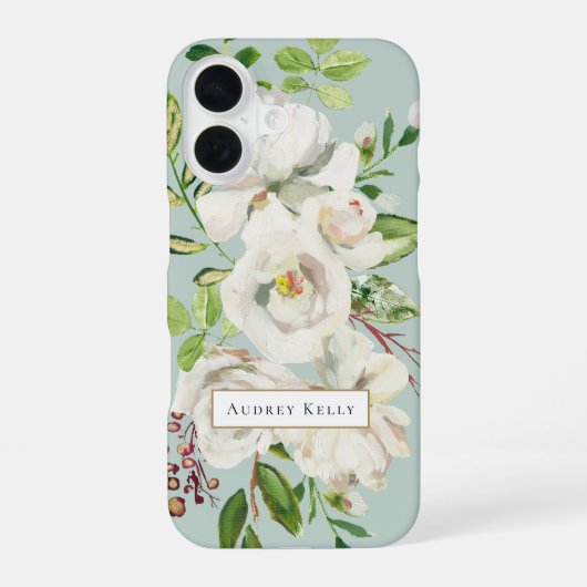 Vergulde Bloemen Custom Monogram | Mint iPhone 16 Hoesje (Achterkant)
