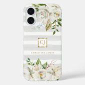 Vergulde Bloemen | Grijze Strepen Bloemige Monogra Case-Mate iPhone Case (Achterkant)