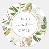 Vergulde bloemen krans bruiloft monogram ronde sticker (Voorkant)