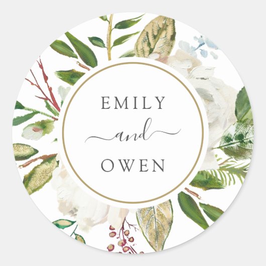 Vergulde bloemen krans bruiloft monogram ronde sticker (Voorkant)