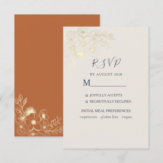 Vergulde bloemengoud bruiloft RSVP kaart (Voorkant / Achterkant)