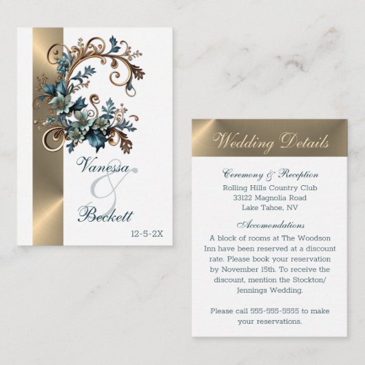 Vergulde bloemige elegantie informatiekaartje (Voorkant / Achterkant)