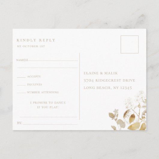 Vergulde bloemige huwelijks RSVP nummerverzoek Uitnodiging Briefkaart (Achterkant)