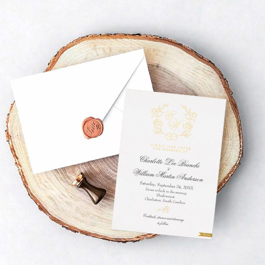 Vergulde bloemige monogram trouwkaarten folie uitnodiging