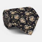 Vergulde Blooms: Zwart bloemblaadje gouden Rozen o Stropdas (Opgerold)