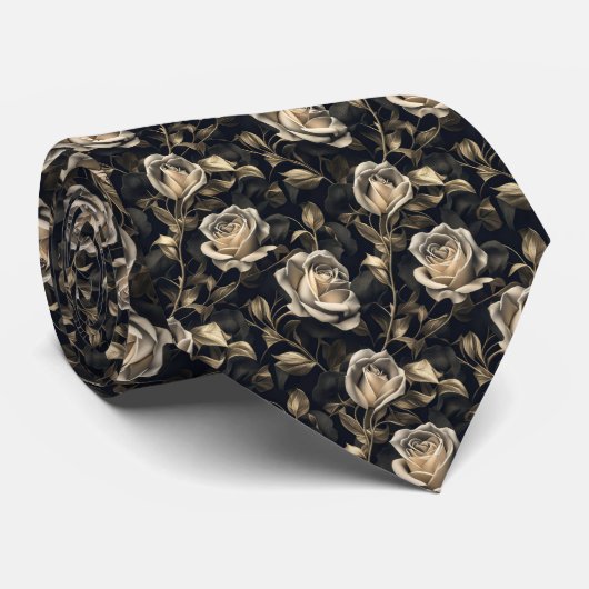 Vergulde Blooms: Zwart bloemblaadje gouden Rozen o Stropdas (Opgerold)